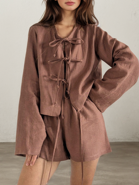 

Loose Cotton And Linen Plain Linen Two-Piece Set, Brown, Suits