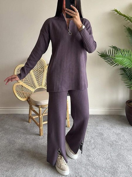 

Women Plaid Notched Long Sleeve Comfy Casual Top With Pants Two-Piece Set, Purple, Sets