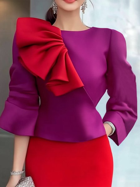 

Elegant Crew Neck Color Block Blouse, As picture, Blouses and Shirts