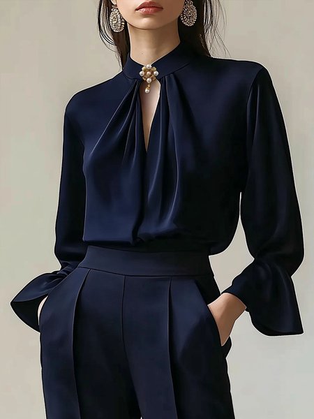 

Plain Elegant Stand Collar Blouse With Brooch, Deep blue, Blouses and Shirts