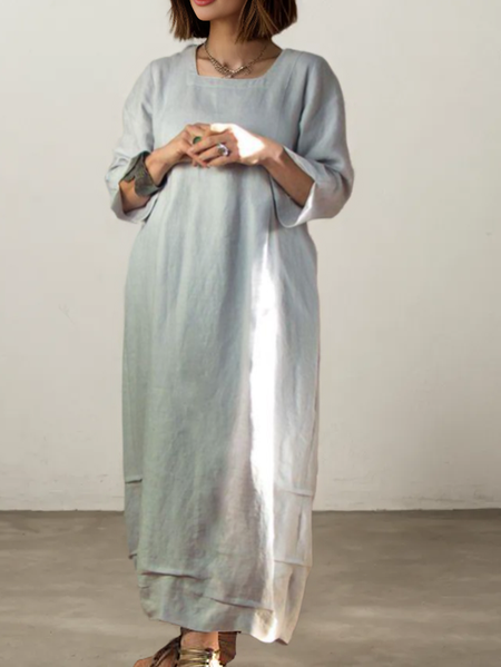 

Loose Plain Linen Square Neck Dress With No, Light gray, Maxi Dresses