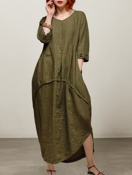 

Linen Crew Neck Washed Fabric Dress, Green, Maxi Dresses