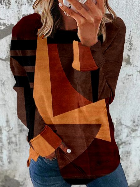 

Women's Crew Neck Colorblock Casual Spring/Fall Cotton Long Sleeve Sweatshirt, Brown, Sweatshirts & Hoodies