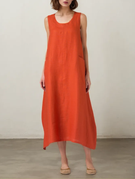 

Linen Plain Loose Scoop Neck Dress, Orange, Maxi Dresses