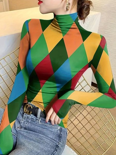 Casual Geometric Tight Daily T-Shirt, As picture, Tees
