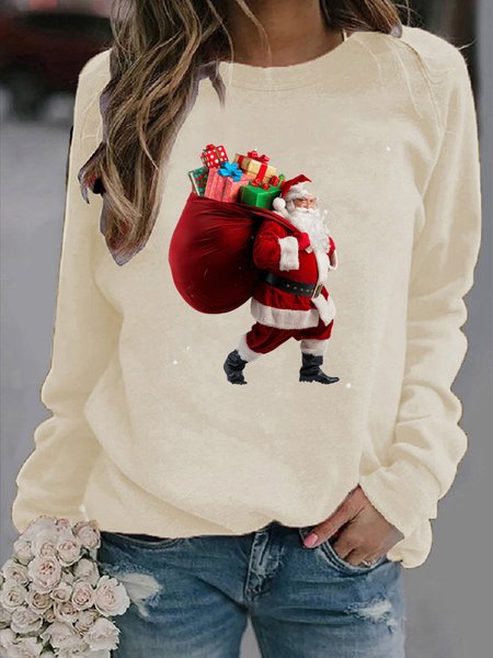 

Women's Crew Neck Santa Claus Casual Spring/Fall Long Sleeve Sweatshirt, Apricot, Sweatshirts & Hoodies