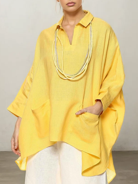 

V Neck Linen Cotton And Linen Blouse, Yellow, Blouses & Shirts