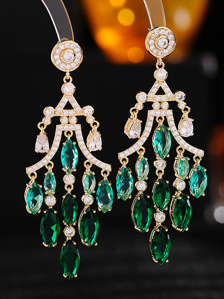 

Zircon Inlaid Water Drop Tassel Earrings, Green, Earrings