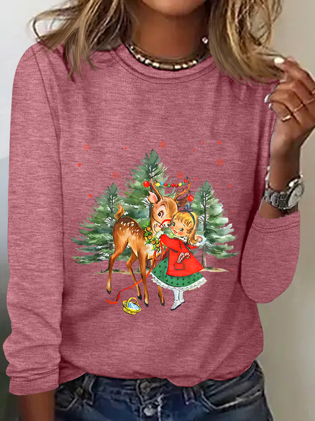 

Vintage Christmas Girl And Reindeer Casual Long Sleeve Shirt, Watermelon, Long sleeves