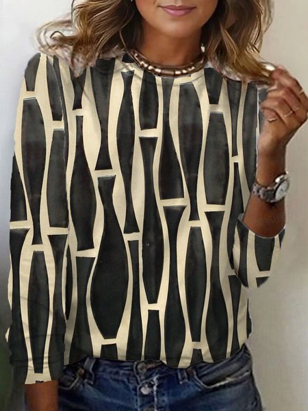 Geometric Print Long Sleeve Crew Neck T-shirt, Black, Long sleeves