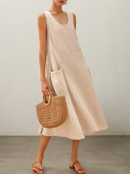 Crew Neck Loose Punk Cotton And Linen Dress, Oatmeal, Maxi Dresses