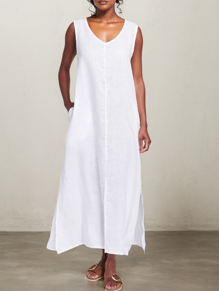 

STYLE WE x CHILLINEN |Loose Cotton And Linen Linen V Neck Dress, White, Midi Dresses
