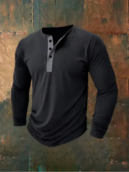 

Men's Vintage Casual Three-Button Henley, Black, T-shirts