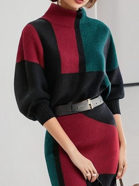 

Turtleneck Casual Geometric Balloon Sleeve Sweater, As picture, Cardigans