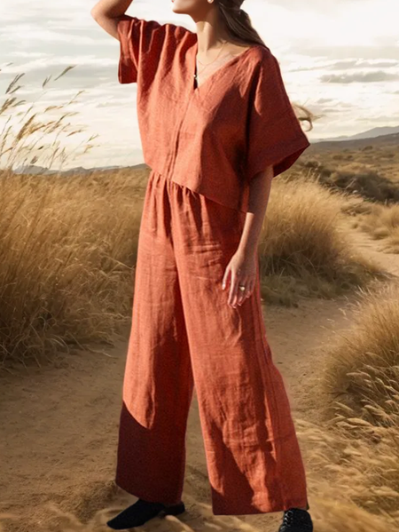 

Cotton And Linen Crew Neck Linen Plain Two-Piece Set, Brick red, Suits