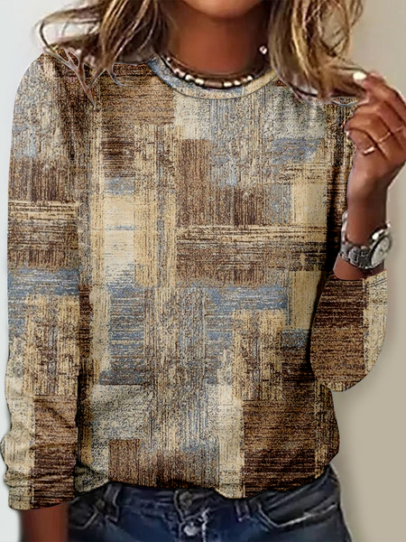 

Casual Long Sleeve Round Neck T-Shirt, Brown, Long sleeves