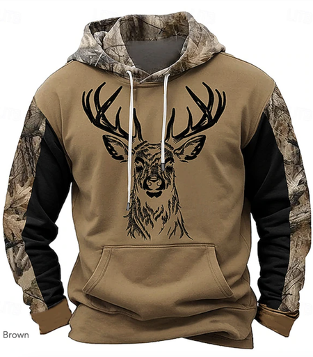 

Retro style reindeer pattern color blocked Hoodie, Brown, Hoodies&Sweatshirts