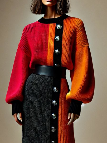 

Raglan Sleeve Casual Color Block Loose Sweater, As picture, Cardigans