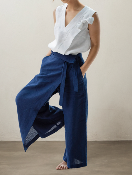 

Plain Linen Loose Cotton And Linen Pants, Blue, Pants