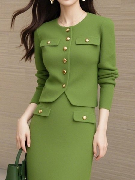 

Elegant Buttoned Plain Crew Neck Jacket, Green, Cardigans