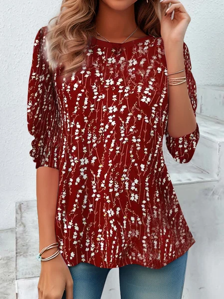 

Floral Print Long Sleeve Crew Neck T-shirt, Wine red, Long sleeves