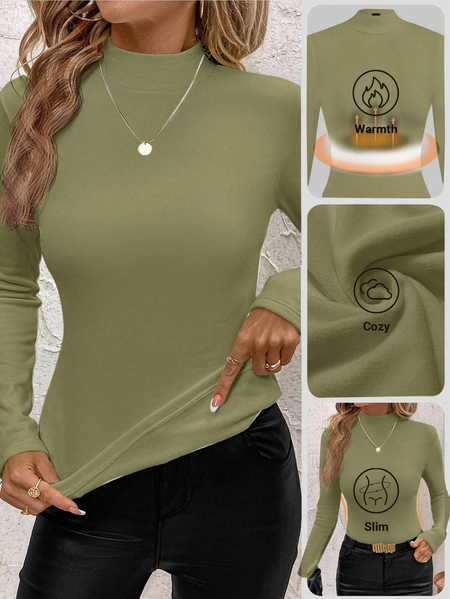 

Vintage Plain Mock Neck Long Sleeve T-shirt, Green, T-shirts