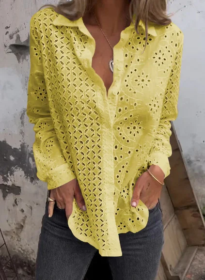 

Casual Loose Shawl Collar Plain Shirt, Yellow, Blouses & Shirts