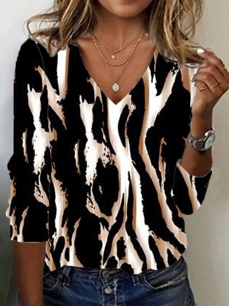 

Casual Leopard V Neck Long Sleeve T-shirt, Black, T-shirts