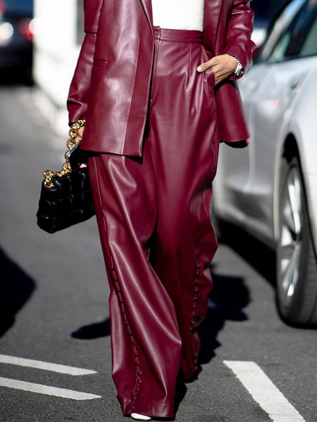 Wide leg Urban Plain Faux Leather Pants, Wine red, Leather Pants