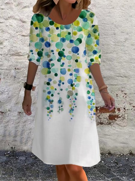 

Women's Long Sleeve Spring/Fall Polka Dots Jersey Dress Crew Neck Daily Going Out Casual Mini H-Line T-Shirt Dress, Green, Dresses