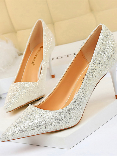 

Glitter Leather Urban Plain Flat, White, Heels