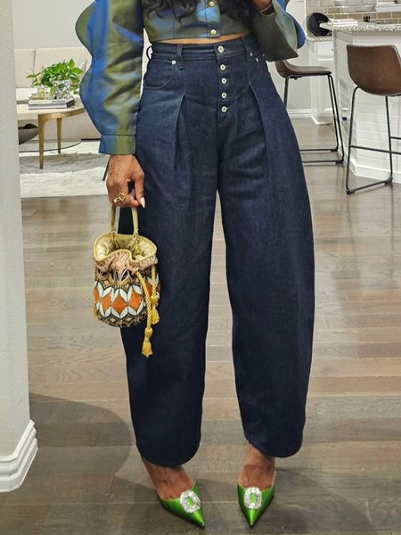 

Plain Buttoned High Waist Casual Jeans, Blue, Jeans