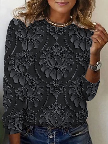 

Floral Print Long Sleeve Crew Neck T-shirt, Black, Long sleeves