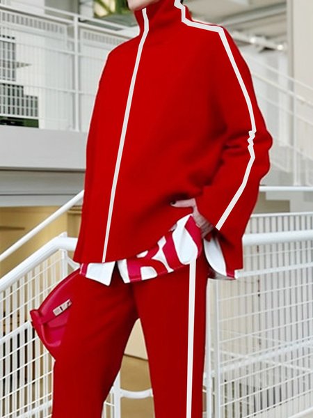 Casual Turtleneck Color Block Blouse, Red, Blouses and Shirts