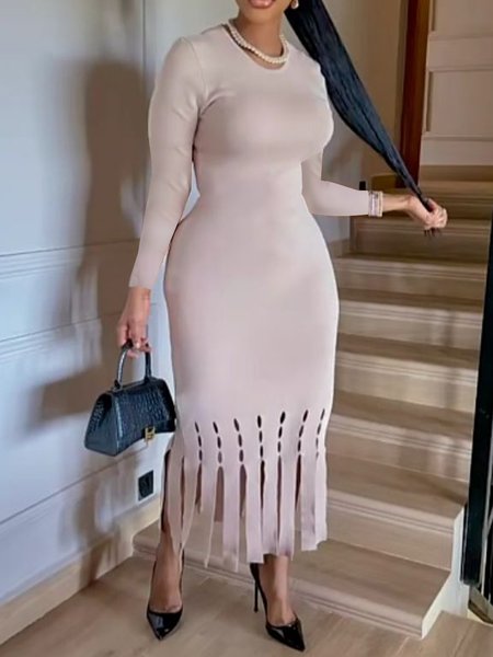 

Elegant Crew Neck Plain Tight Sweater Dress, As picture, Maxi Dresses