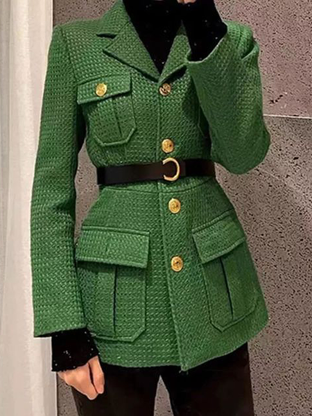

Pockets Lapel Collar Urban Jacket With No Belt, Green, Jackets