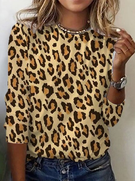 Leopard Print Long Sleeve Crew Neck T-shirt, Long sleeves