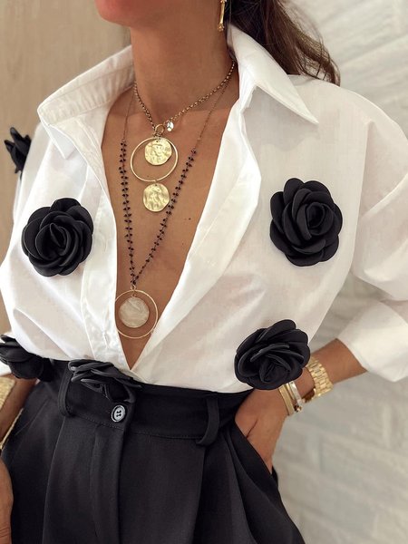 

Plain Elegant 3D Floral Shirt Collar Shirt, White, Blouses and Shirts