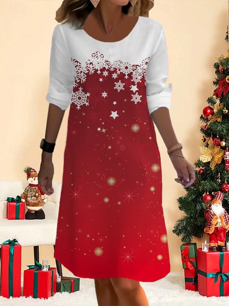 

Women's Long Sleeve Spring/Fall Snowflake Jersey Dress Crew Neck Daily Going Out Casual Mini H-Line T-Shirt Dress, Red, Dresses