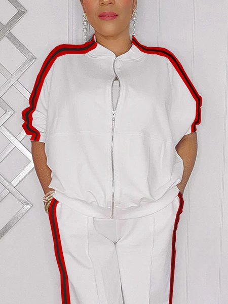 

Loose Color Block Stand Collar Casual Jacket, White, Jackets