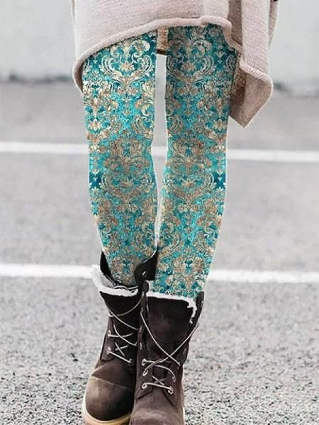 Casual Ethnic Tight Jersey Leggings, Blue, Leggings