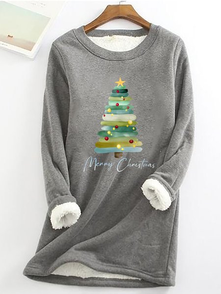 

Merry Christmas Tree Print Casual Fluff Fleece Fabric Sweatshirt, Gray, Hoodies&Sweatshirts