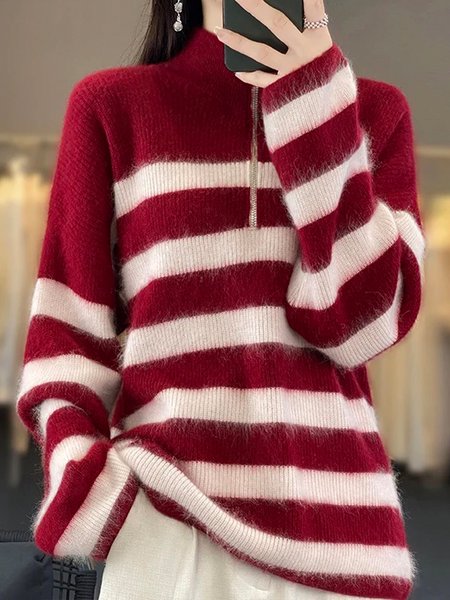 

Loose Casual Half Open Collar Sweater, Red, Cardigans