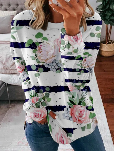 

Women's Crew Neck Striped Casual Spring/Fall Long Sleeve Sweatshirt, White, Sweatshirts & Hoodies
