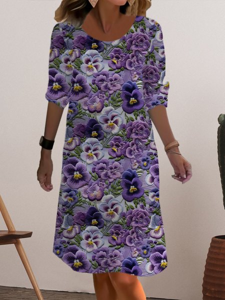 

Women's Long Sleeve Spring/Fall Floral Jersey Dress Crew Neck Daily Going Out Casual Mini H-Line T-Shirt Dress, Purple, Dresses