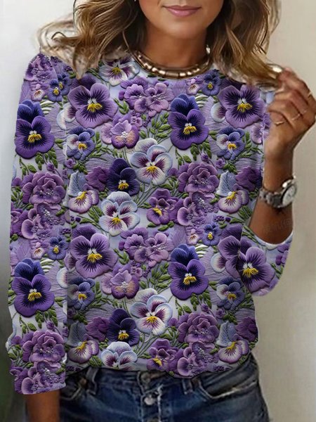 

Floral Print Long Sleeve Crew Neck T-shirt, Purple, Long sleeves