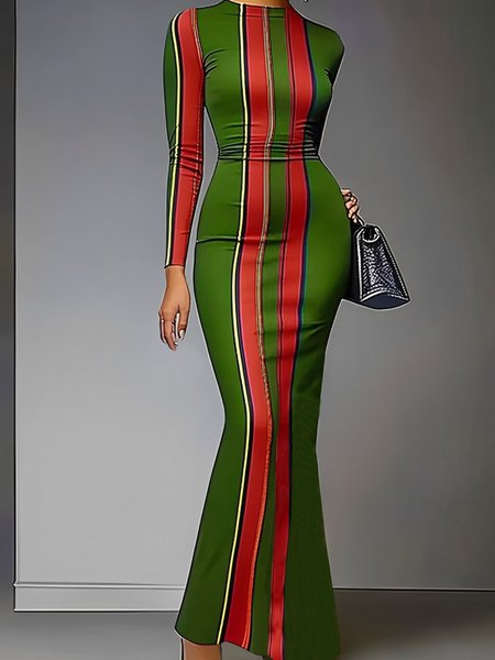 

Tight Striped Crew Neck Urban Dress, As picture, Maxi Dresses