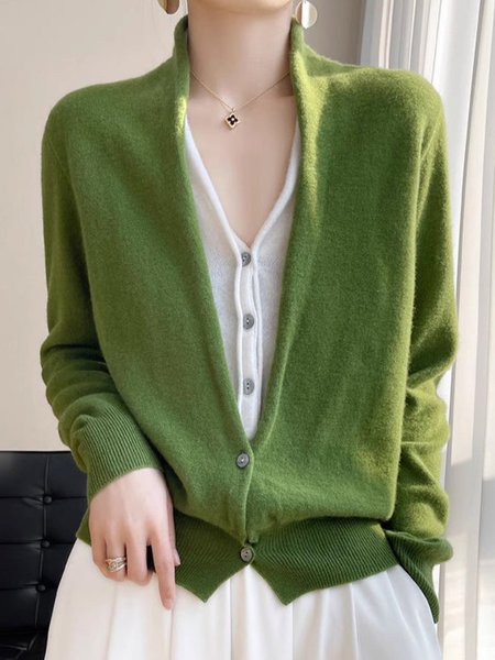 Casual Loose Plain Daily Sweater Cardigan, Green, Cardigans