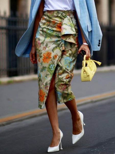 

Elegant Ruched Floral Skirt, As picture, Skirts