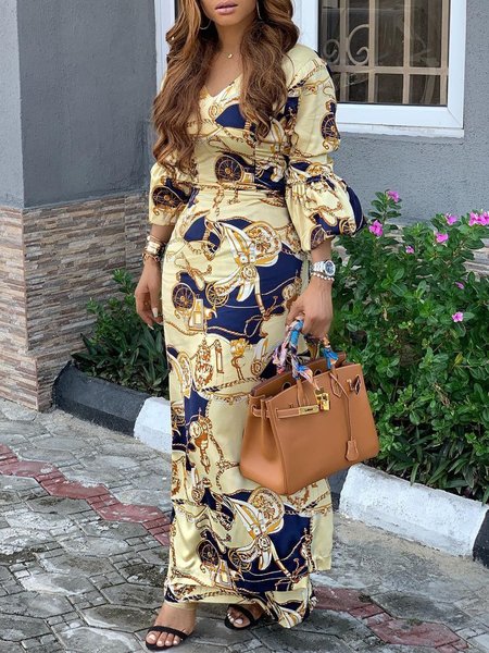

Random Print Puff Sleeve Elegant Maxi Dress, As picture, Maxi Dresses